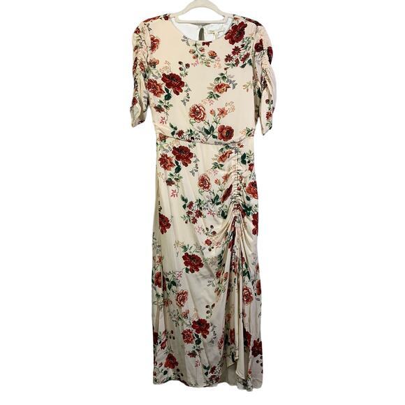 MAJE Dress Rondi Midi Floral Viscose Crepe‎ Ruched Sleeve and Slit Cocktail 2 - Picture 1 of 12